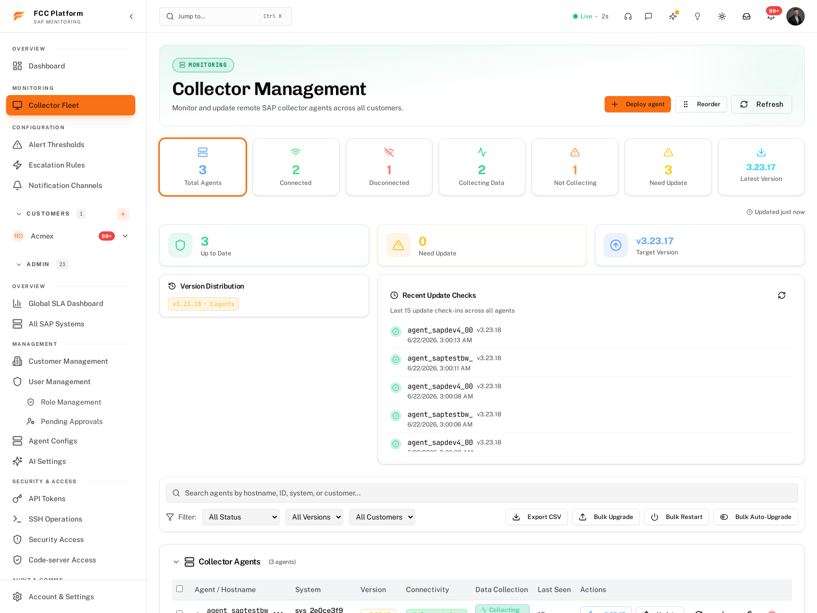 Farrenio Collector Management — live agent fleet, version distribution and update queue
